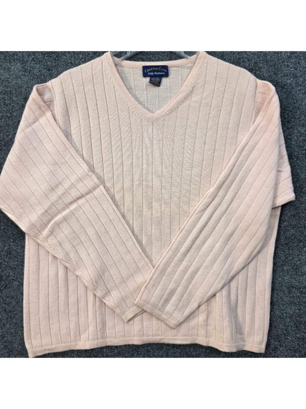 Charter Club XL Cashmere Pink Ribbed V-Neck Sweater Quiet Luxury Preppy Pastel